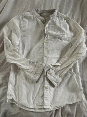 Men's White Button-Up Band Collar Jacket